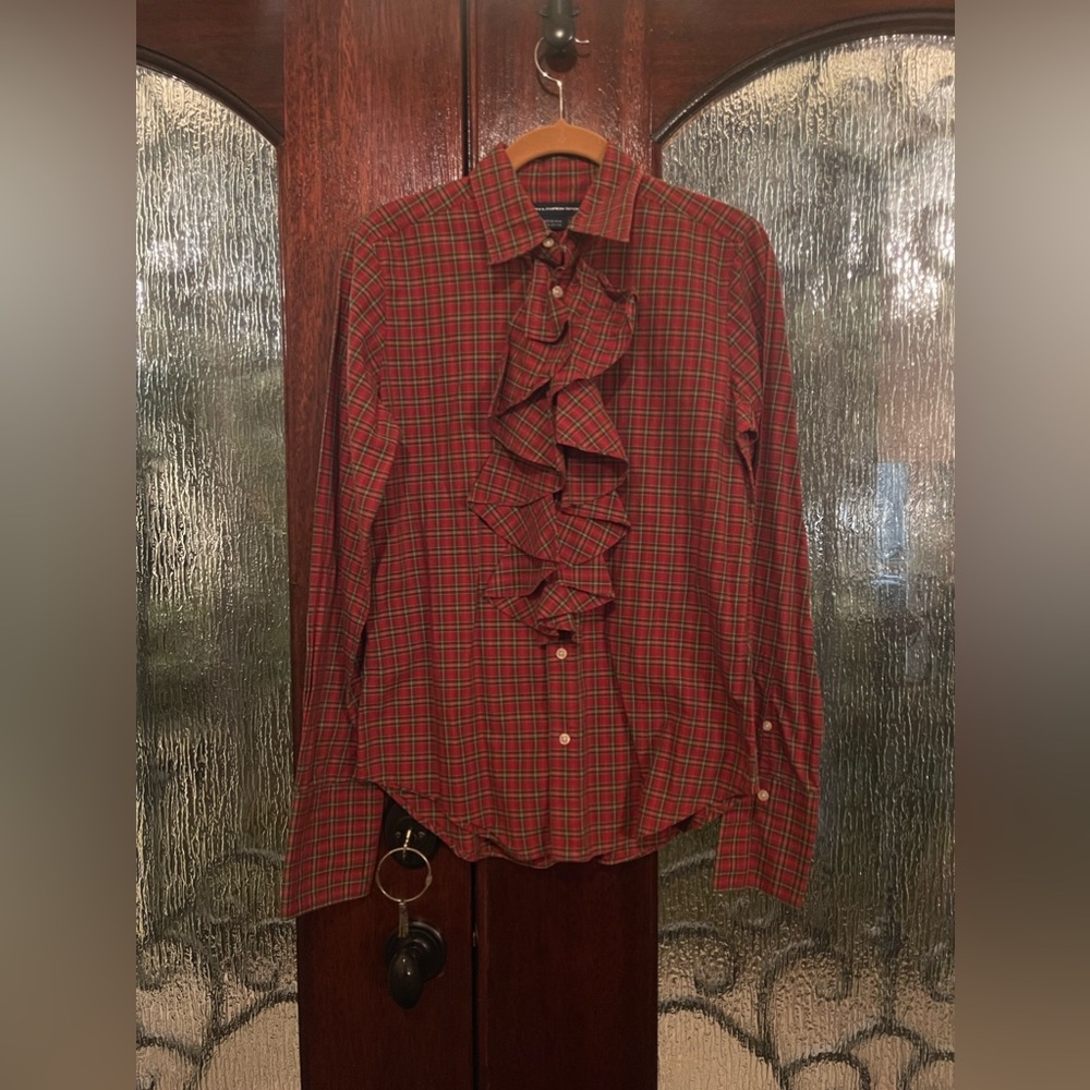 Ralph Lauren Sport Red Plaid Oxford ruffled long sleeved shirt size 10
